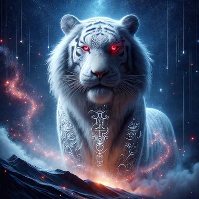 Primary subject: White tiger with red eyes.
Setting/background: A night sky with stars.
Visual style: Digital art.
Colors and mood: The tiger has red eyes, and the overall atmosphere is dark and mysterious.